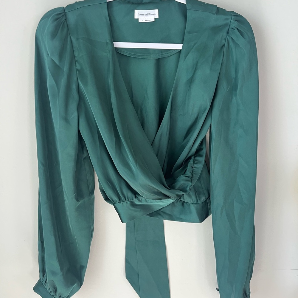 Lovers + Friends Emerald Green Wrap-Front Blouse with Long Sleeves
